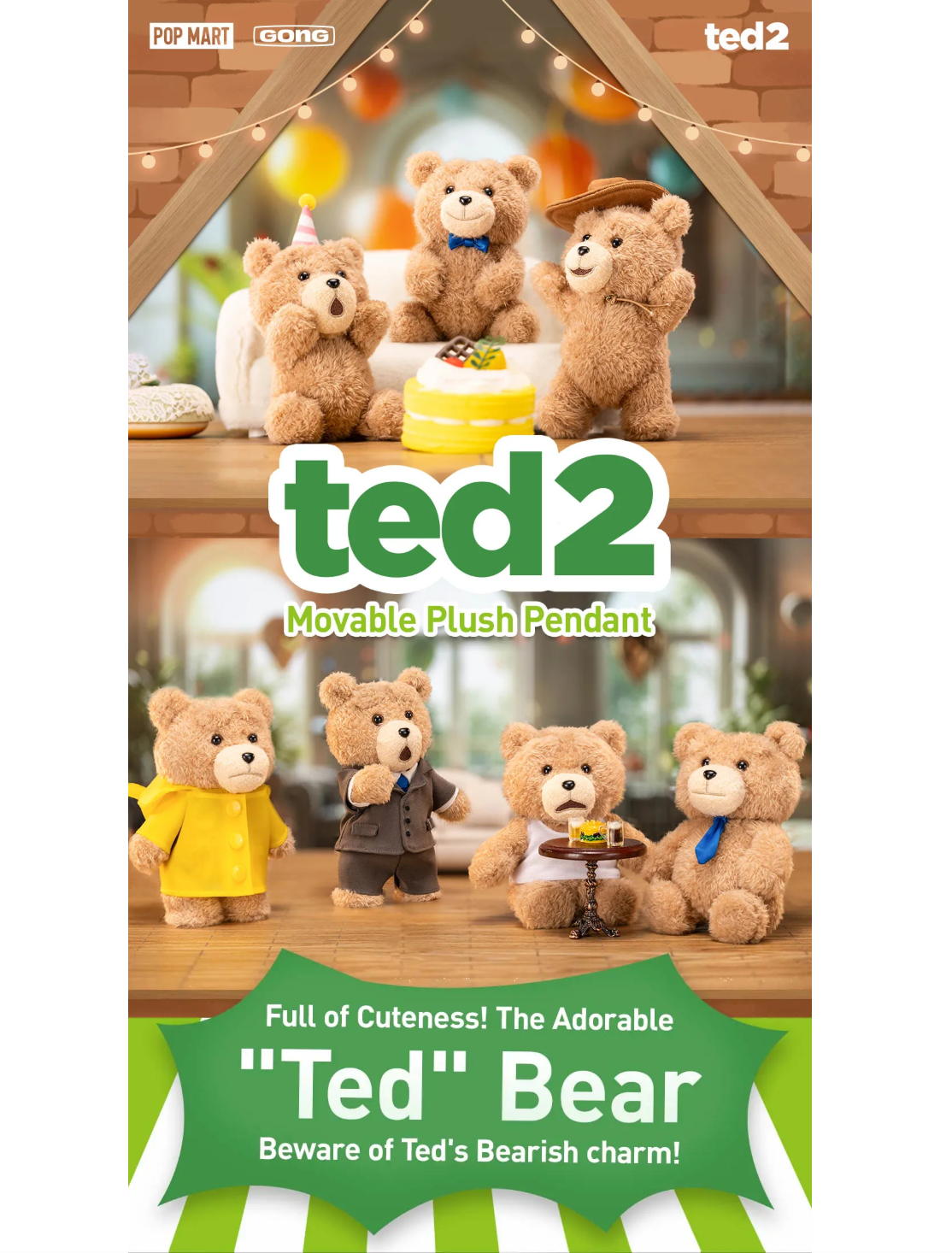 Pop Mart Ted2 Teddy Bear Action Plush Pendant