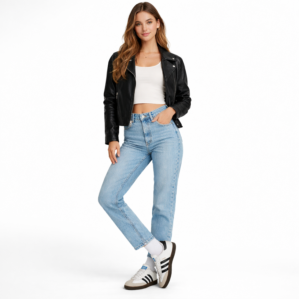 Woman wearing Adidas Samba OG Cloud White Core Black (GS) sneakers with light-wash jeans, a white crop top, and a black leather jacket.